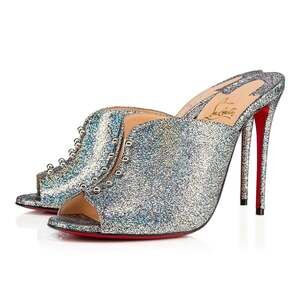 Christian Louboutin Predumule 100 Silver Nappa Mica Backless Mule Heel Pump 36.5